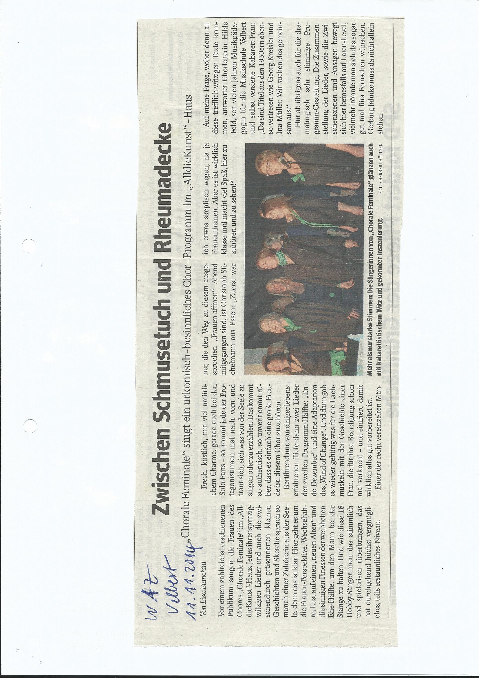 Historischer Zeitungsausschnitt: Zwischen Schmusetuch und Rheumadecke, WAZ · Velbert, 11. November 2014